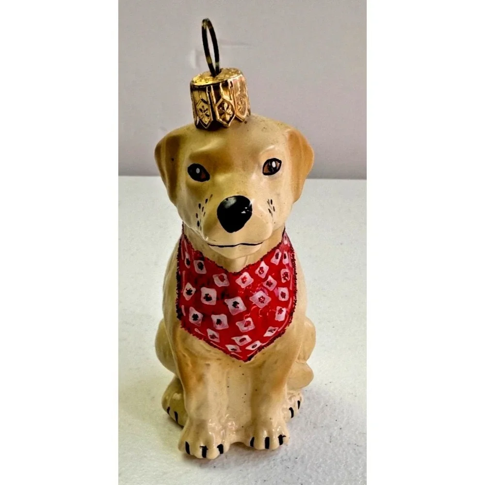 Golden Lab Labrador‎ Dog European Blown Glass Christmas Ornament Bandana Yellow